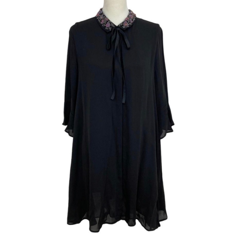 Zara Trafaluc Black Beaded Collar Tie Neck Bell Sleeve Shift Mini Dress XS NEW
